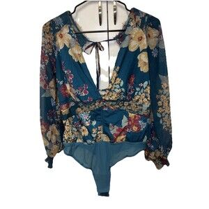 Free People Wanderlust Floral Print Bodysuit L Jade Combo New Smocked Peasant